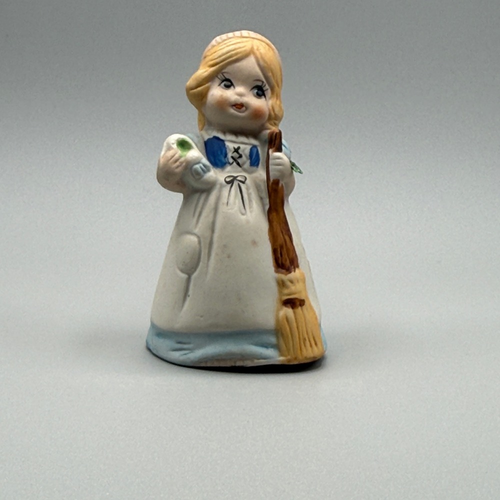 JASCO Merri Bells Girl With A Broom Bell Bisque Figurine Hand Painted VTG 1978